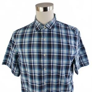 Claiborne Mens Button Up Shades of Blue Plaid Short Sleeve Shirt Size XL